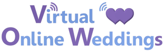 Virtual Online Weddings logo purple and blue text in a white cloud with purple ring, 2 hearts and wifi symbols.