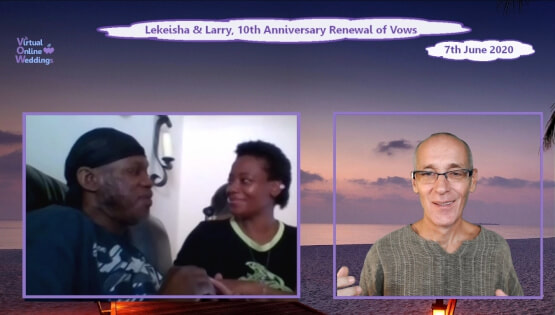 Black couple enjoying a Virtual Online Renewal of Vows with Virtual Minister and tropical sunset beach virtual background.