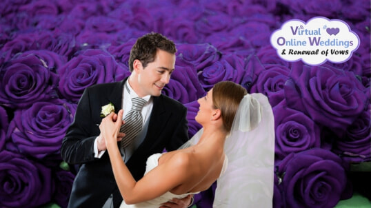 Caucasian couple in formal wedding attire, with groom holding anddipping bride against a purple rose background. VOWs logo.