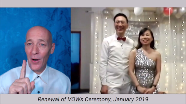 Handsome Singaporean couple enjoying a Virtual Online Renewal of Vows Ceremony with Virtual Minister via Zoom, celebrating 25th Anniversary.