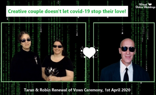 Virtual Celebrant performing ceremony for LGBTQ couple with Matrix movie theme.