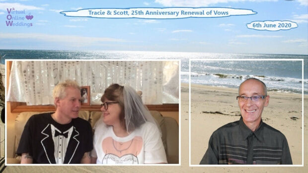 Very cute caucasian couple enjoying a Virtual Online Renewal of Vows Ceremony with Virtual Minister via Zoom, celebrating 25th Anniversary.