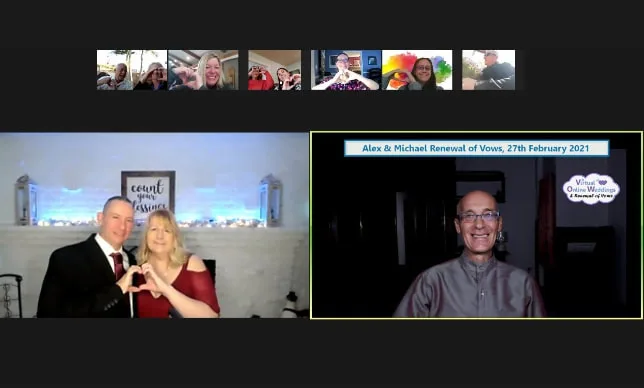 Virtual Celebrant performing online Renewal of Vows ceremony for late middle aged couple on their sofa in room, with Colorado mountains background photo.