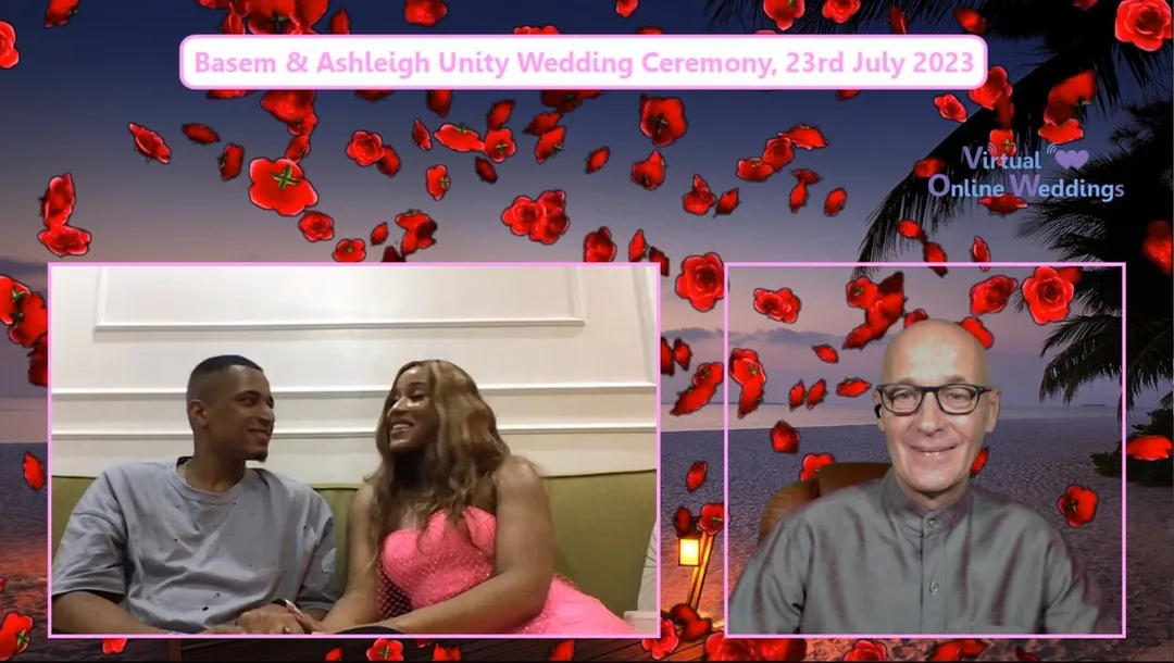 Handsome black USA couple in separate locations but next to each other in video boxes during a Virtual Online Unity Wedding. The Virtual Minister is next to them with the Eiffel Tower, river and green foliage in the virtual scene.during aPicture
