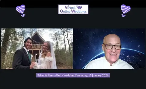 Young couple doing Exchange of Rings during a Virtual Online Unity Wedding, with Virtual Minister and beachside background with palm trees and blue skies.