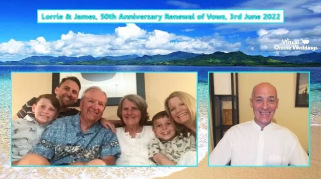 Handsome Singaporean couple enjoying a Virtual Online Renewal of Vows Ceremony with Virtual Minister via Zoom, celebrating 25th Anniversary.