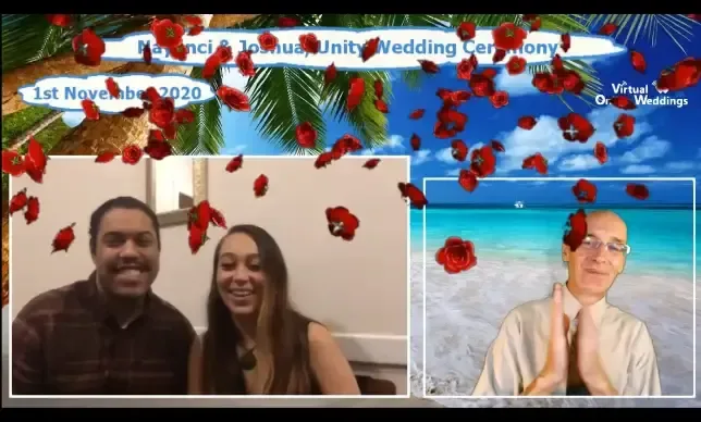 Virtual Celebrant performing online Renewal of Vows ceremony for late middle aged couple on their living room, with turquoise sea background photo and falling red flowers