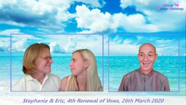 Lovely Caucasion couple green-screened against beautiful ocean picture and clouds overahead, with Virtual Minister's video box next to theirs, during a Virtual Online Renewal of Vows ceremony.