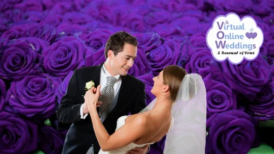 Caucasian couple in formal wedding attire, with groom holding anddipping bride against a purple rose background. VOWs logo.