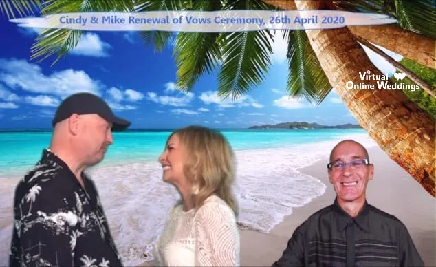 Virtual Celebrant performing online Renewal of Vows ceremony with handsome middle aged couple at beach with palm tree to right side, while enjoying our great Pricing-Features.