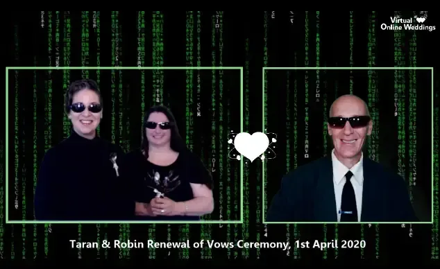 Lovely couple having fun during a Mathrix-style VOWs Movie Theme ceremony