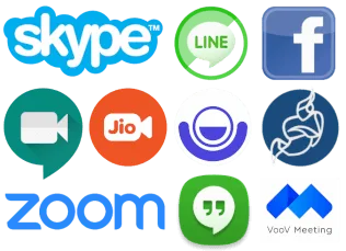 Montage of Video Call app logos, including Skype, Zoom, Facebook, Hangouts, Google Meet, Jitsi, Lifesize, WeChat, Voov, WeChat and Line. Line