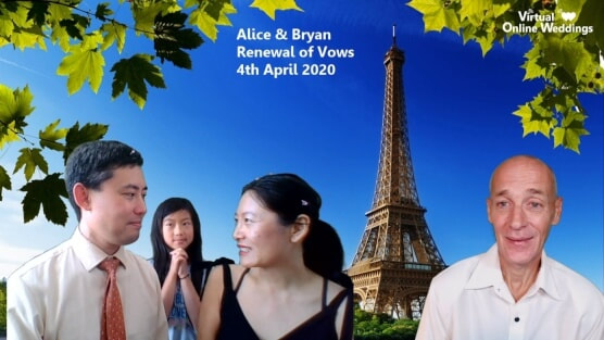 Asian American couple in virtual renewal of vows ceremony with Virtual Celebrant next to them and daughter and Eiffel tower in background, with blue skya and green tree leaves.