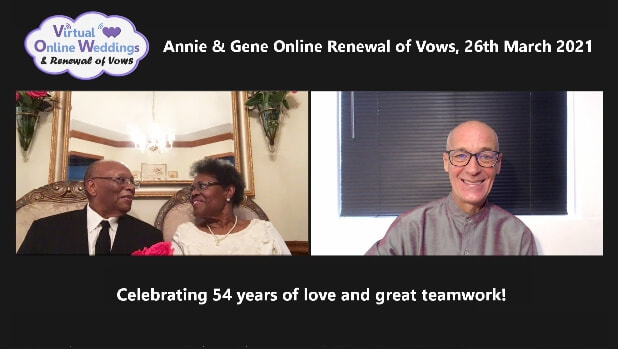 Lovely African American couple enjoying a Virtual Online Renewal of Vows Ceremony with Virtual Minister via Zoom, celebrating 54th Anniversary.