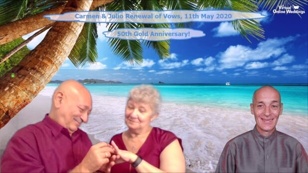 Lovely caucasian couple enjoying a Virtual Online Renewal of Vows Ceremony with Virtual Minister via Zoom, celebrating 50th Anniversary.
