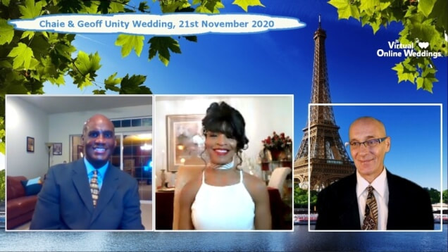 Handsome black USA couple in separate locations but next to each other in video boxes during a Virtual Online Unity Wedding. The Virtual Minister is next to them with the Eiffel Tower, river and green foliage in the virtual scene.during aPicture