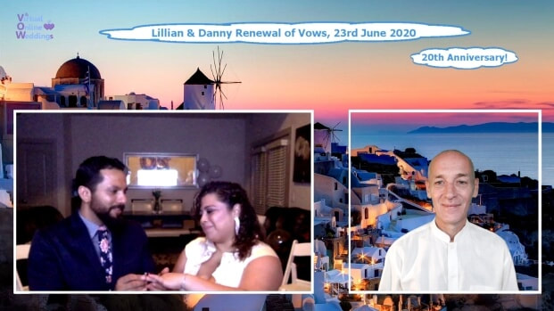 Lovely Hispanic American couple enjoying a Virtual Online Renewal of Vows Ceremony with seaside Greek village as virtual background.