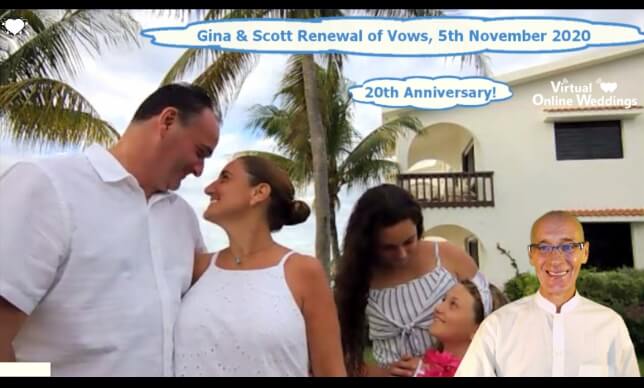 Smiling caucasion couple with 2 daughers and Virtual Minister celebrating the couple's 20th Anniversary in an online Renewal of VOWs, with Caribbean resort garden, coconut trees, beach and sea in background.