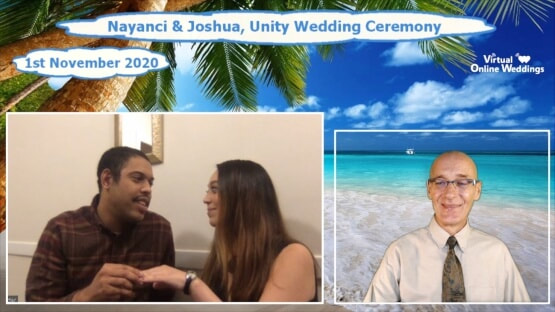 Young couple doing Exchange of Rings during a Virtual Online Unity Wedding, with Virtual Minister and beachside background with palm trees and blue skies.