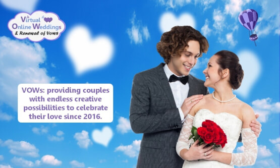 Young couple, groom holding bride's shoulders, with blued sky background with heart shaped white cloud, VOWs logo, small hot air balloons.