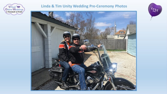 Middle-aged white couple on Harley Davidson motorcycle as part of the online Unity Wedding Ceremony slideshow.