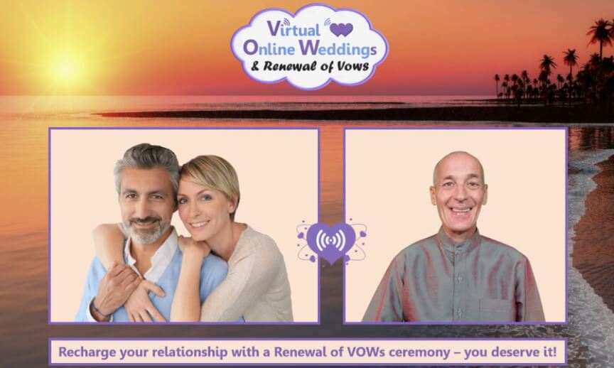 Middle age caucasian couple enjoying a Virtual Online Renewal of Vows ceremony, with Virtual Minister and tropical sunset beach background.