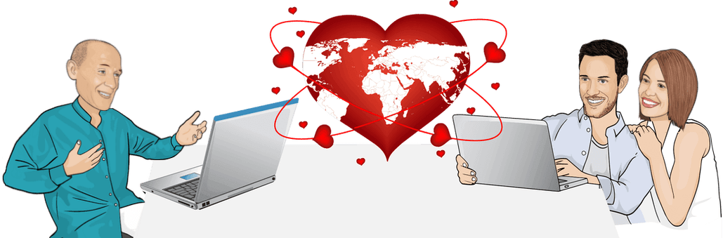 Custom cartoon illustration of Virtual Celebrant and young couple sitting with laptops and red world heart in between them.