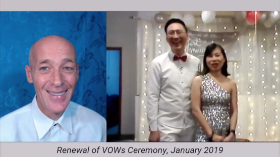 Singaporean couple and Virtual Minister smiling during an online renewal of vows ceremony.