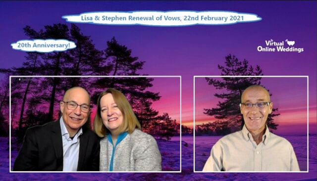 Lovely middle age couple experiencing a Virtual Online Renewal of Vows, with Virtual Minister and purple sunset winter background.