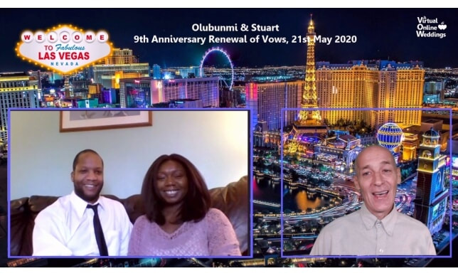 Handsome African American couple and Virtual Celebrant with Las Vegas mains strip aerial view as background and also VOWs logo plus famous Welcome to Las Vegas Sign.