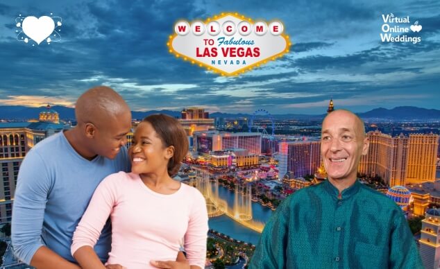 Lovely black couple embracing during a Virtual Online Renewal of Vows Ceremony with Virtual Minister Barrett Agent and a Las Vegas background.