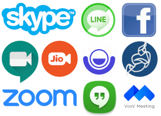 Montage of Video Call app logos, including Skype, Zoom, Facebook, Hangouts, Google Meet, Jitsi, Lifesize, WeChat, Voov, WeChat and Line. Line